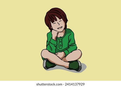 The boy sat with his legs folded and smiled. Flat image vector