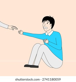 The boy sat on the floor sadly being bullied. He is being held by another person, who is also looking at him with a concerned expression