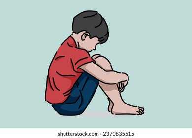 The boy sat while feeling sad. Child's feelings of sadness. Vector image