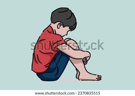 The boy sat while feeling sad. Child's feelings of sadness. Vector image
