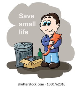 Boy saves little kitten vector illustration