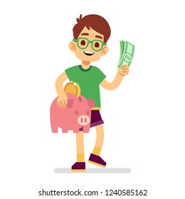 Boy Saves Money With Piggy Bank Vector Illustration