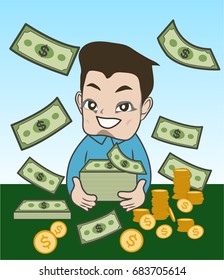Boy saving money, happy smiling boy holding plenty money