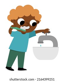 Boy Saving Water Icon. Cute Eco Friendly Kid. Child Turning Of The Water Tap While Brushing Teeth. Earth Day Or Healthy Lifestyle Concept
