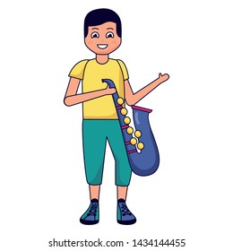 boy with saxophone listening music vector illustration