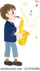 The boy of saxophone player. This is an illustration of the musical instrument and the person.