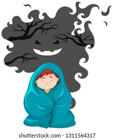 A boy scare of ghost illustration