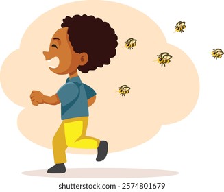 
Boy Scared by the Bees Running Away Vector Illustration. Child running and panicking over bee allergy problem 
