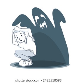 Niño asustado por fantasma Ilustración vectorial de color de línea de sombra espeluznante