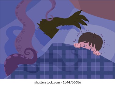 A boy scared to imagine monster under bed  hand drawn style vector design illustrations  