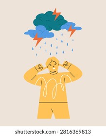 Boy scared of thunder during storm covering ears. Colorful vector illustration
