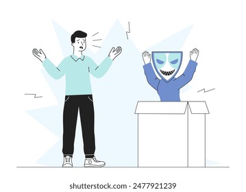 Boy scares father. Son tries to scare daddy. Surprise and shock, prank. Schoolboy in scary mask jumps out of box. Halloween leisure. Linear flat vector illustration isolated on white background