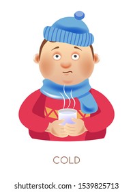 Boy in scarf and hat holding cup of tea, cold disease vector, isolated character. Fever and illness symptom, child drinking hot beverage, medicine and treatment. Healthcare and recovery, chill