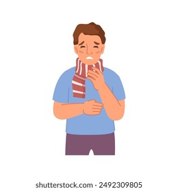 Boy in scarf with sick symptoms flat cartoon person feeling unwell. Coughing child with headache and sore throat. Character having cold, seasonal flu, high temperature, virus influenza, running nose