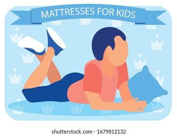 Boy of School Age, Dressed in Jeans Shirts and Light Red T-shirt, Staring into Distance, Lying on Stomach on His Bed Against Blue Background, Resembling Bedding, with Crown Pattern for Young Heroes.