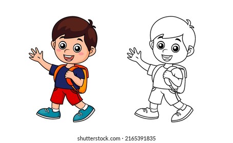 Boy with school bag. Back to school concept. Color and black white vector illustration for coloring book