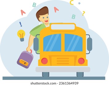 A boy with a school bag is going to school in the school bus.