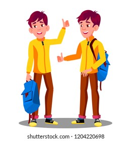 Boy With School Bag Holding Thumb Up Vector. Isolated Illustration
