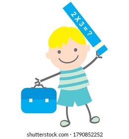 Boy with school bag and math textbook, vector illustration