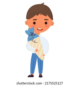 boy with school cones. cheerful student holds traditional bag with sweets. Beginning of school year, back to school concept. Editable vector illustration, isolated cartoon character
