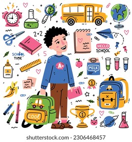 Boy School Pupil with Backpack and Different Supplies Vector Set
