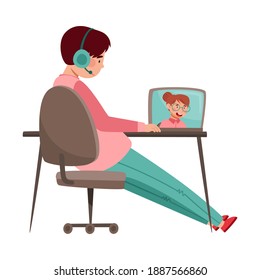 Boy School Student Attending Online Lesson via Laptop Vector Illustration