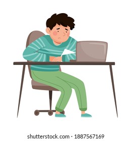 Boy School Student Attending Online Lesson via Laptop Vector Illustration