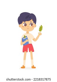Boy school student holding book and green leaf of tree in hand to study nature vector illustration. Cartoon isolated cute smart kid learning botany and biology, scientist character observing planet