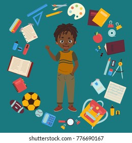 Boy with school supplies from his backpack. African american kid. Calculator, apple, magnifier, eraser, pens, brush, ruler, notebook, backpack globe watercolor Flat design illustration
