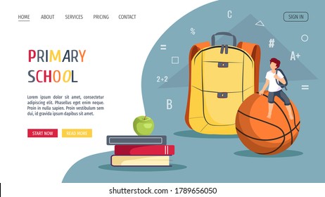 Boy and school supplies. Primary school, Education, Back to school, Kids classes, Stationery store concept. Vector illustration for poster, banner, website.