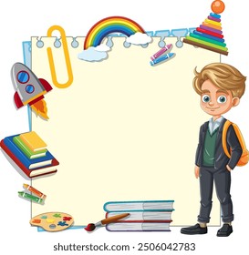 Boy with school supplies and rainbow background