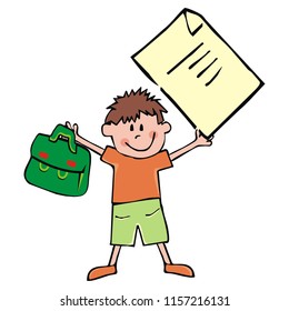Boy and school supplies, vector funny illustration, satchel and sheet of paper. Single schoolboy and schoolbag and sheet of paper of exercise book. Hand drawing, colored picture.
