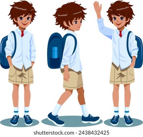 A boy in a school uniform with a backpack goes to school, a set of three students in full height in front and profile Vector