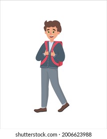 boy in school uniform with a backpack. Vector illustration of isolated character in cartoon style. Student goes to school