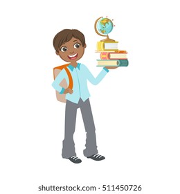 Boy In School Uniform With Books And Globe
