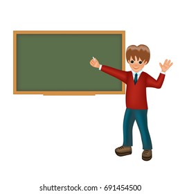 Boy in school uniform with chalk in hand writes at the blackboard. Place for your text. Back to school, cartoon character isolated on white background.