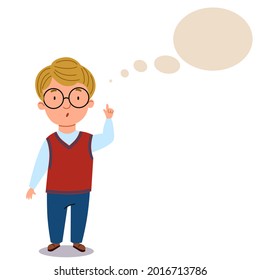 A boy in a school uniform and glasses. The child is thinking about some idea.