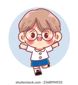 Boy in a school uniform making a cheerful and happy gesture  character cartoon Vector 