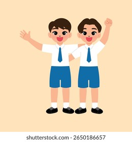 boy in school uniform with necktie hug with friend, smile boy cartoon raise hand, happy student character raise fist illustration
