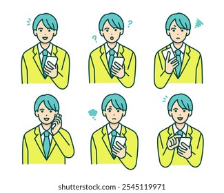 Un chico con uniforme escolar. Conjunto de ilustraciones de un estudiante sosteniendo un teléfono.