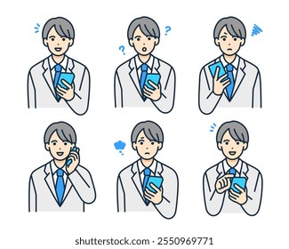 Un chico con uniforme escolar. Un conjunto de ilustraciones de un estudiante sosteniendo un teléfono inteligente.