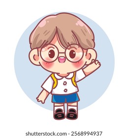 Boy in a school uniform waving and greeting  character cartoon Vector 