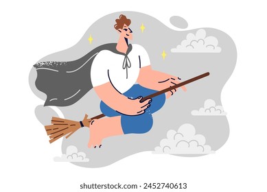 Boy from school for young wizards flies on broom among clouds, fantasizing about magic in sleep. Smiling man in raincoat flies on broom, imagining having magical transport to move through air