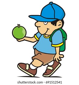 boy and schoolbag with apple go to school, vector icon