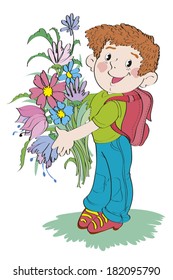 Boy - schoolboy with a bunch of flowers and a school portfolio is standing.  Illustration done in cartoon style.