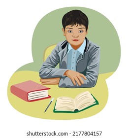 Boy schoolboy at his desk with an open book in the classroom, children study in the classroom. Back to school. The educational process in elementary school. Vector illustration.