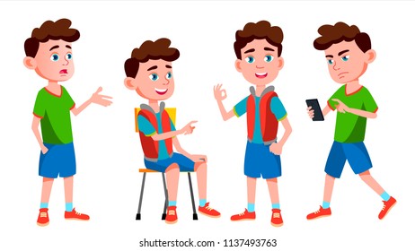 Boy Schoolboy Kid Poses Set Vector. Primary School Child. Cute Child. Happiness Enjoyment. Cheer, Pretty. For Presentation, Print, Invitation Design. Isolated Cartoon Illustration
