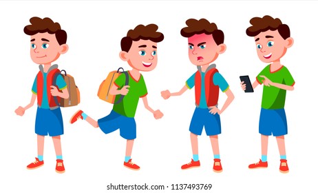 Boy Schoolboy Kid Poses Set Vector. Primary School Child. Funny Children. Junior. Lifestyle, Friendly. For Advertising, Booklet, Placard Design. Isolated Cartoon Illustration