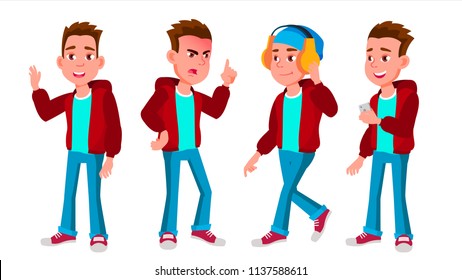 Niño Colegial Poses Set Vector. Niño de secundaria. Educación secundaria. Educativo, Auditorio, Conferencia. Para la tarjeta, anuncio, diseño de saludo. Ilustración de dibujos animados aislados