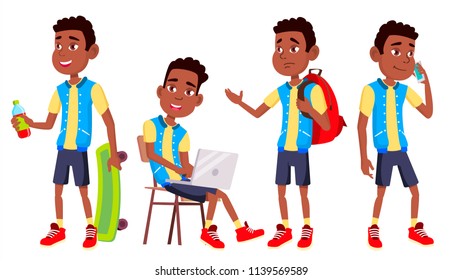 Boy Schoolboy Kid Poses Set Vector. High School Child. Teenage. Black. Afro American. Book, Workspace, Board. For Web, Brochure, Poster Design. Isolated Cartoon Illustration